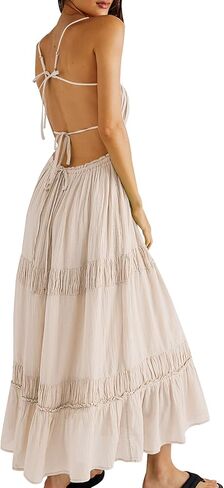 HeSaYep Summer Dress for Women Sexy Backless Dresses Flowy Maxi Dress Boho Dresses with Pockets, Beige XS in Kuwait