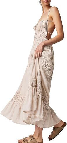 HeSaYep Summer Dress for Women Sexy Backless Dresses Flowy Maxi Dress Boho Dresses with Pockets, Beige XS in Kuwait