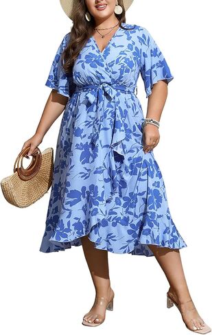 فستان SHESTARR نسائي طويل مقاس كبير صيفي مزين بالورود ورقبة على شكل حرف V وأكمام قصيرة وفتحة عالية ومنخفضة in Kuwait