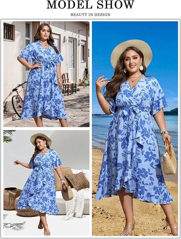 فستان SHESTARR نسائي طويل مقاس كبير صيفي مزين بالورود ورقبة على شكل حرف V وأكمام قصيرة وفتحة عالية ومنخفضة in Kuwait