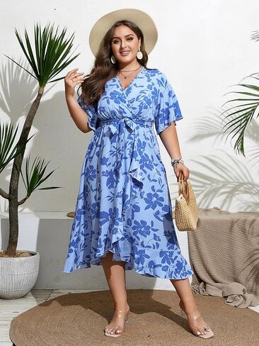 فستان SHESTARR نسائي طويل مقاس كبير صيفي مزين بالورود ورقبة على شكل حرف V وأكمام قصيرة وفتحة عالية ومنخفضة in Kuwait