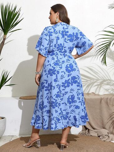 فستان SHESTARR نسائي طويل مقاس كبير صيفي مزين بالورود ورقبة على شكل حرف V وأكمام قصيرة وفتحة عالية ومنخفضة in Kuwait