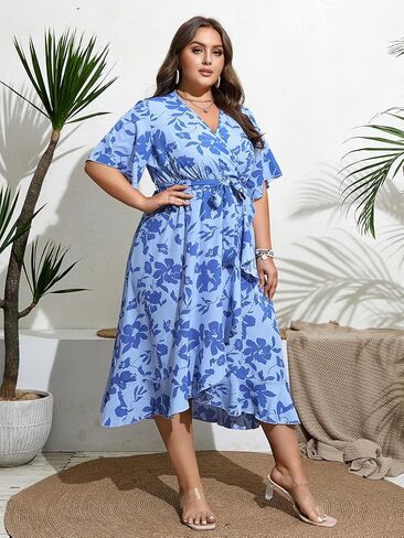 فستان SHESTARR نسائي طويل مقاس كبير صيفي مزين بالورود ورقبة على شكل حرف V وأكمام قصيرة وفتحة عالية ومنخفضة in Kuwait