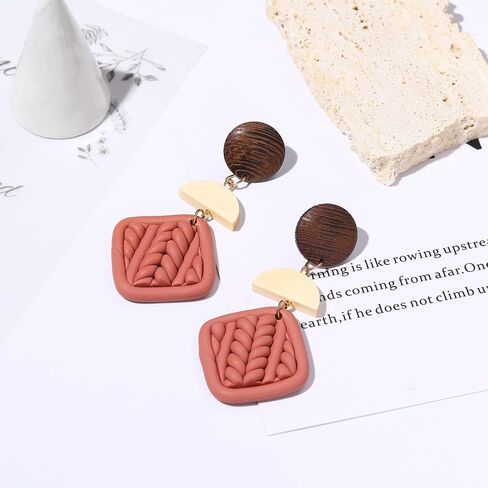 PWUEITR Clay Dangle Earrings Handmade Braided Rattan Earrings Round Square Heart Earrings Vintage Drop Earrings Jewelry Christmas Gift for Women Girls in Kuwait