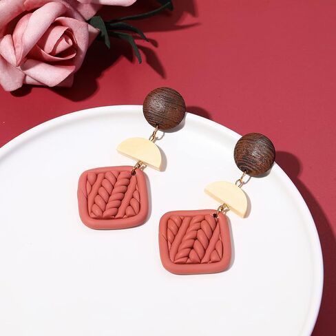 PWUEITR Clay Dangle Earrings Handmade Braided Rattan Earrings Round Square Heart Earrings Vintage Drop Earrings Jewelry Christmas Gift for Women Girls in Kuwait