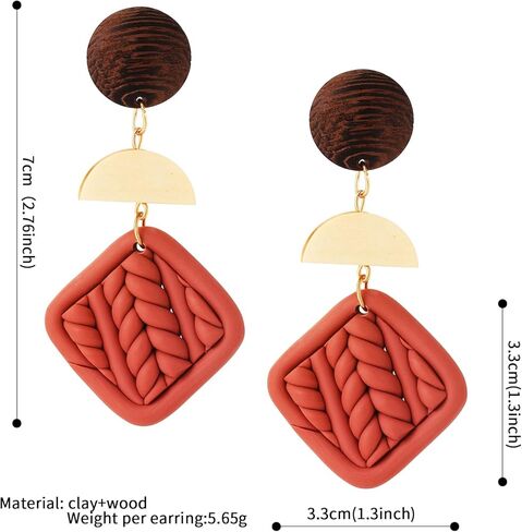 PWUEITR Clay Dangle Earrings Handmade Braided Rattan Earrings Round Square Heart Earrings Vintage Drop Earrings Jewelry Christmas Gift for Women Girls in Kuwait