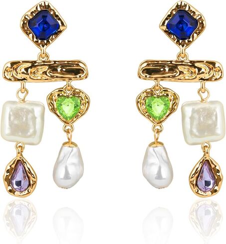 قرط من اللؤلؤ الباروكي مع حجر الراين الأوجه كابوشون، قطرة أذن فاخرة منصهرة مع أحجار كريمة ملونة للنساء، أقراط معدنية متدلية للحفلات in Kuwait