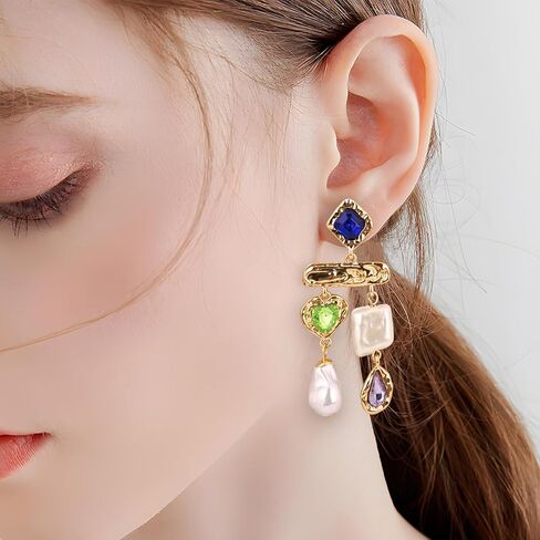 قرط من اللؤلؤ الباروكي مع حجر الراين الأوجه كابوشون، قطرة أذن فاخرة منصهرة مع أحجار كريمة ملونة للنساء، أقراط معدنية متدلية للحفلات in Kuwait