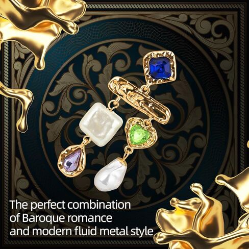 قرط من اللؤلؤ الباروكي مع حجر الراين الأوجه كابوشون، قطرة أذن فاخرة منصهرة مع أحجار كريمة ملونة للنساء، أقراط معدنية متدلية للحفلات in Kuwait