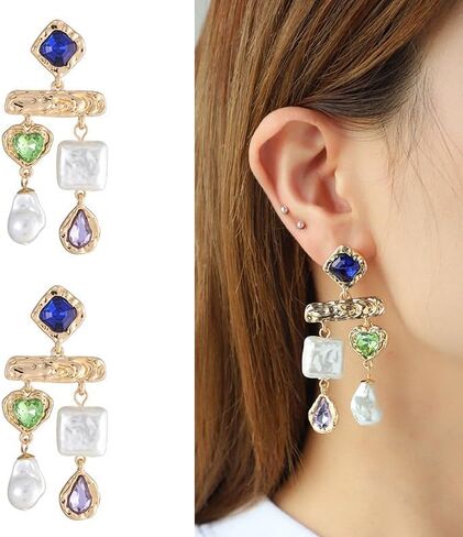 قرط من اللؤلؤ الباروكي مع حجر الراين الأوجه كابوشون، قطرة أذن فاخرة منصهرة مع أحجار كريمة ملونة للنساء، أقراط معدنية متدلية للحفلات in Kuwait