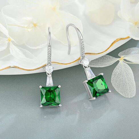 925 Sterling Silver 8MM Square Birthstone Earrings, CZ Dainty Dangle Fish Hook Solitaire Earrings for Women Jewelry Gifts in Saudi Arabia