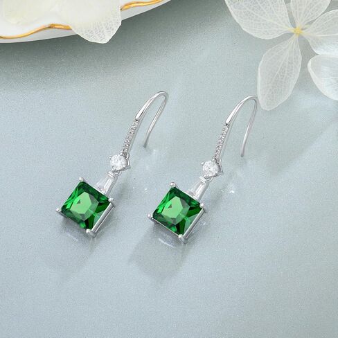 925 Sterling Silver 8MM Square Birthstone Earrings, CZ Dainty Dangle Fish Hook Solitaire Earrings for Women Jewelry Gifts in Saudi Arabia