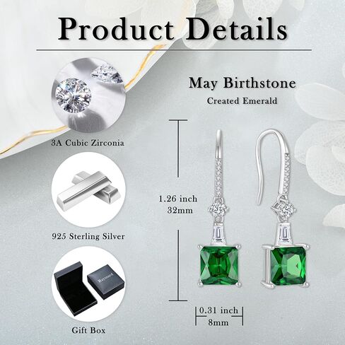 925 Sterling Silver 8MM Square Birthstone Earrings, CZ Dainty Dangle Fish Hook Solitaire Earrings for Women Jewelry Gifts in Saudi Arabia