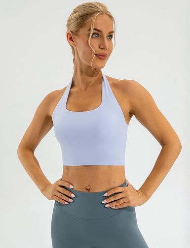 Ukaste Women's Halter Ruched Backless Sports Yoga Bra Longline Workout Crop Bras Tops in Kuwait