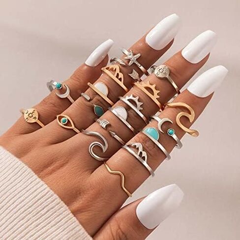 YOOESTORES82 Knuckle Stackable Ring Set for Women Girls.Boho Turquoise Star Moon Midi Finger Rings Set Vintage Peak Sea Stacking Joint Ring Sets in Kuwait