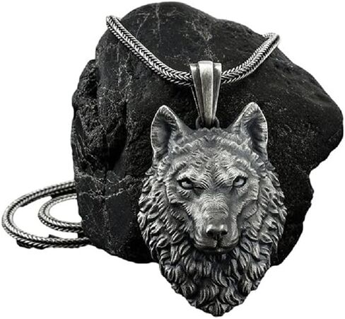 Wolf Necklace for Men, Nordic Viking Wolf Head Pendant Necklace Wolf Necklace Pure Tin Men’s Punk Wolf Charm Necklace Jewelry Gift Father's Day Accessories in Saudi Arabia