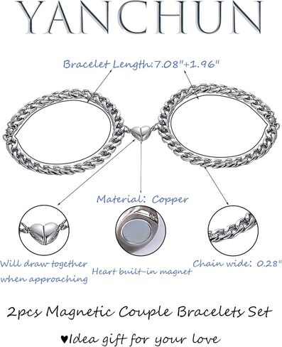 YANCHUN 2pcs Magnetic Couple Bracelets Set Sliver Chain Bracelet Peach Heart Bracelet Promise Couples Bracelets for Boyfriend Girlfriend Gifts in Saudi Arabia