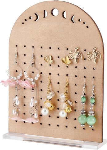 FINGERINSPIRE Wooden Earring Display Board 100 Holes Moon Phase Vertical Earring Display Stands Arch Shaped Ear Stud Display Holder with Clear Acrylic Base Earrings Organizer for Retail, Showcase in Saudi Arabia