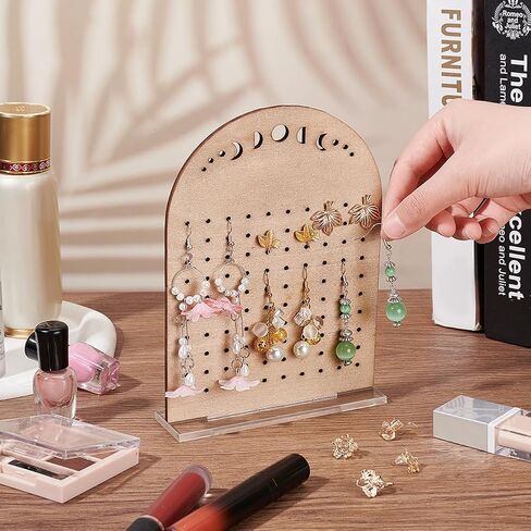 FINGERINSPIRE Wooden Earring Display Board 100 Holes Moon Phase Vertical Earring Display Stands Arch Shaped Ear Stud Display Holder with Clear Acrylic Base Earrings Organizer for Retail, Showcase in Saudi Arabia