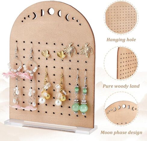 FINGERINSPIRE Wooden Earring Display Board 100 Holes Moon Phase Vertical Earring Display Stands Arch Shaped Ear Stud Display Holder with Clear Acrylic Base Earrings Organizer for Retail, Showcase in Saudi Arabia