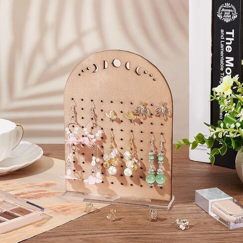 FINGERINSPIRE Wooden Earring Display Board 100 Holes Moon Phase Vertical Earring Display Stands Arch Shaped Ear Stud Display Holder with Clear Acrylic Base Earrings Organizer for Retail, Showcase in Saudi Arabia