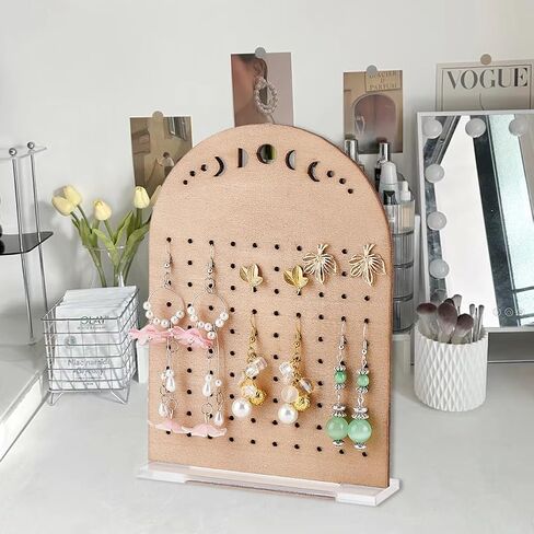 FINGERINSPIRE Wooden Earring Display Board 100 Holes Moon Phase Vertical Earring Display Stands Arch Shaped Ear Stud Display Holder with Clear Acrylic Base Earrings Organizer for Retail, Showcase in Saudi Arabia