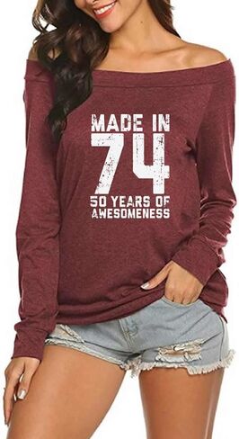 wishcart Made in 72 Printed 50th Birthday Off Shoulder Round Neck T-Shirt Tops Women in Saudi Arabia