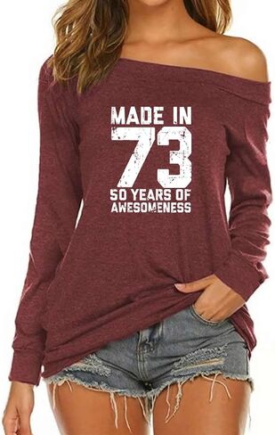 wishcart Made in 72 Printed 50th Birthday Off Shoulder Round Neck T-Shirt Tops Women in Saudi Arabia