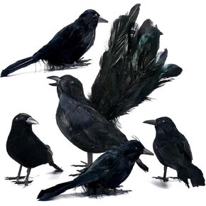 Orgrimmar 5 PCS Black Feather Crows Realistic Handmade Ravens Halloween Party Decor Props for Indoor Outdoor Decorations Birds (Black, 5 Packs)
