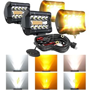 ASLONG 4P 3x3 LED Cube White/Amber Pods Spot Strobe Work Light with Chaser RGB Halo 16 Solid Colors Over 92 Flashing Modes Offroad Fog Frontlights Flasing 3x3 Lights with Switch and Wiring Harness