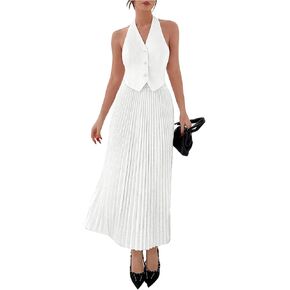OYOANGLE Women's 2 Piece Outfits Button Front Backless Halter Top and Pleated Maxi Skirt Set