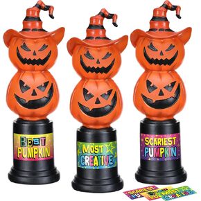 3 Pcs Halloween Pumpkin Trophy 7.1 Inch Jack O Lantern Costume Trophy Funny Halloween Award Trophies Costume Pumpkin Carving Contest Awards with 3 Sticker Plaque for Home Decoration Supply