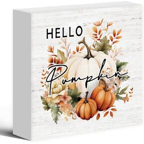 Fall Pumpkin Sign Wood Box Sign Desk Decor, Rustic Autumn Theme Farmhouse Wooden Block Sign Decorations for Home Room Wall Tabletop Shelf Decor, Blue Pumpkin Wooden Square Sign