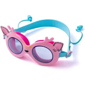 Kids Swimming Goggles, Deer Goggles with Earplugs, Anti-Fog UV Protection Regular Comfortable Swimming Goggles