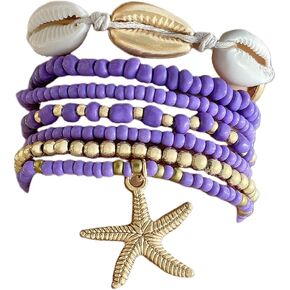 tenghong2021 Layered Shell Beaded Bracelets for Women Seashell Beaded Woven Bracelet Summer Beach Wind Starfish Rice Beads Seven-piece Set for Girls Jewelry Accessories