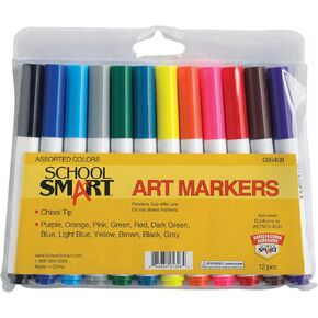 School Smart Art Markers, Chisel Tip, Assorted Colors, Set of 12