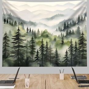 TUGCAY Misty Mountain Forest Tapestry, Green Nature Tapestry Foggy Watercolor Tree Tapestries Landscape Scenery Tapestry Wall Hanging for Bedroom Living Room Backdrop 51 x 60 Inch