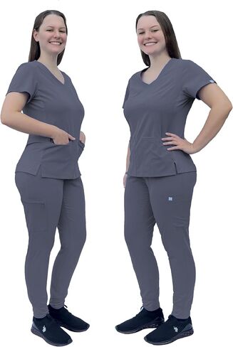 مجموعة ANGIE UNIFORMS PREMIUM Jogger Scrubs للنساء. جزء علوي من ألياف لدنة بجيبين/بنطلون رياضي بأرجل مدببة. ناعمة وقابلة للتمدد. in Saudi Arabia