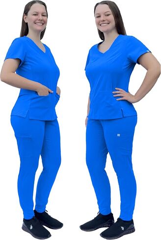 مجموعة ANGIE UNIFORMS PREMIUM Jogger Scrubs للنساء. جزء علوي من ألياف لدنة بجيبين/بنطلون رياضي بأرجل مدببة. ناعمة وقابلة للتمدد. in Saudi Arabia