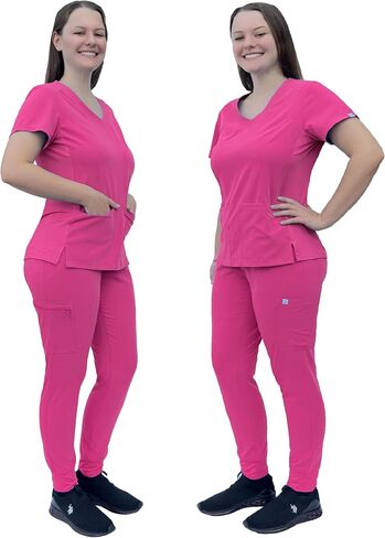 مجموعة ANGIE UNIFORMS PREMIUM Jogger Scrubs للنساء. جزء علوي من ألياف لدنة بجيبين/بنطلون رياضي بأرجل مدببة. ناعمة وقابلة للتمدد. in Saudi Arabia