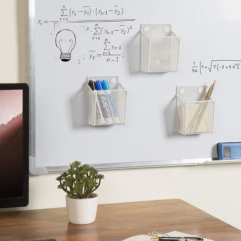 MyGift Set of 3 Magnetic Dry Erase Marker Holder, Silver Wire Storage Basket Office Supplies Organizer, White Board Pen Holders in Saudi Arabia