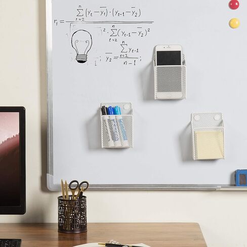 MyGift Set of 3 Magnetic Dry Erase Marker Holder, Silver Wire Storage Basket Office Supplies Organizer, White Board Pen Holders in Saudi Arabia