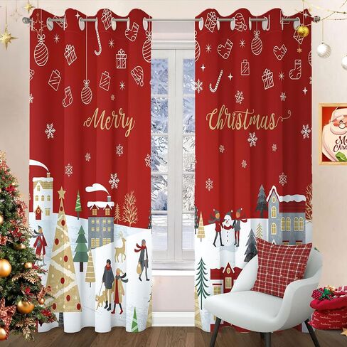 Christmas Tree Snowflake Cartoon Green Blackout Curtains Drapes for Bedroom Living Room Kitchen Nursery Kids Winter Thermal Insulated Grommet Girls Boys Window Curtains 84 inch Length 2 Panels Set in Saudi Arabia
