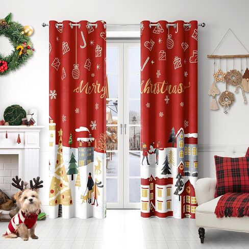 Christmas Tree Snowflake Cartoon Green Blackout Curtains Drapes for Bedroom Living Room Kitchen Nursery Kids Winter Thermal Insulated Grommet Girls Boys Window Curtains 84 inch Length 2 Panels Set in Saudi Arabia