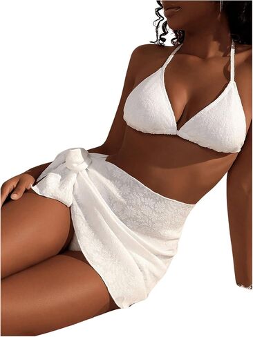 Women's High Waisted Bikini Sets Floral Jacquard Backless Halter Bathing Suit with Knot Swimsuit Coverup in Saudi Arabia