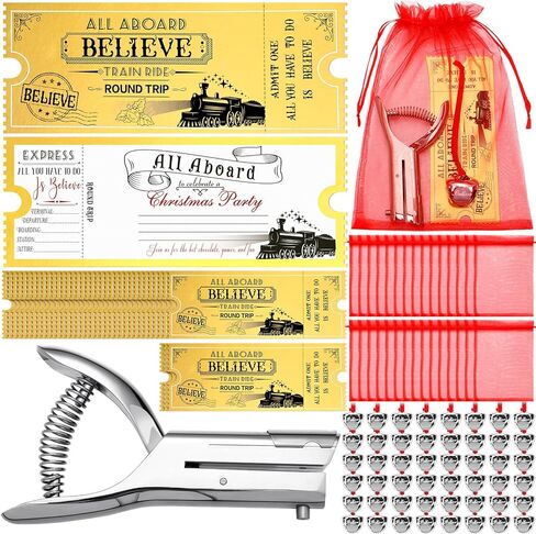 Gisafai 50 Sets Christmas Polar Believe Bells Golden Tickets Gifts Christmas Party Favors Goodie Bag Stocking Stuffers Santa Sleigh Bells Train Tickets Conductor Hole Punch Organza Bags Xmas in Saudi Arabia