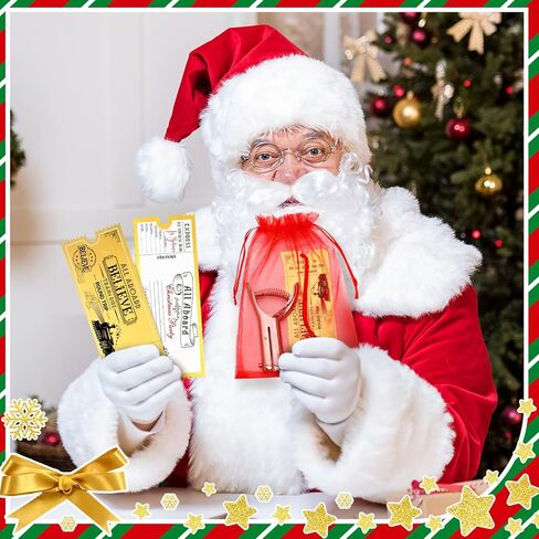 Gisafai 50 Sets Christmas Polar Believe Bells Golden Tickets Gifts Christmas Party Favors Goodie Bag Stocking Stuffers Santa Sleigh Bells Train Tickets Conductor Hole Punch Organza Bags Xmas in Saudi Arabia