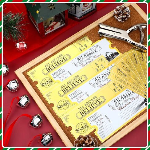 Gisafai 50 Sets Christmas Polar Believe Bells Golden Tickets Gifts Christmas Party Favors Goodie Bag Stocking Stuffers Santa Sleigh Bells Train Tickets Conductor Hole Punch Organza Bags Xmas in Saudi Arabia