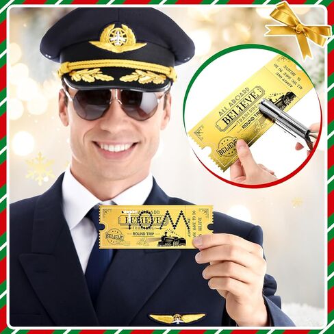 Gisafai 50 Sets Christmas Polar Believe Bells Golden Tickets Gifts Christmas Party Favors Goodie Bag Stocking Stuffers Santa Sleigh Bells Train Tickets Conductor Hole Punch Organza Bags Xmas in Saudi Arabia