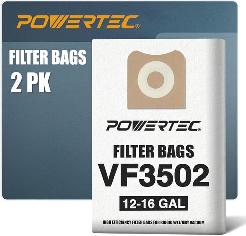 أكياس مكنسة كهربائية POWERTEC PRO Premium Shop للفوضى الرطبة وحطام الغبار الجاف 2PK، لأكياس الفلتر Ridgid VF3503 40153 مقاس B، أكياس استبدال المكنسة الكهربائية سعة 6-9 جالون لـ Ridgid HD9000، 1000RV (75086) in Saudi Arabia